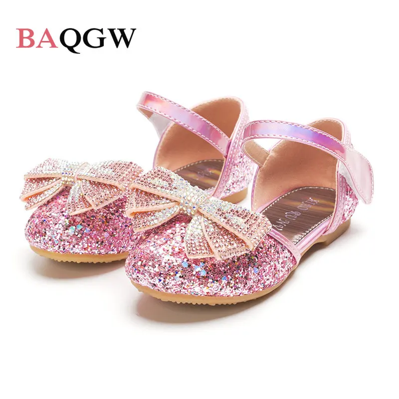 

Rhinestone Bowknot Bling Princess Crystal Shoes Summer Fashion Sandals Flat Shoes Banquet Perform Shoes Soft Bottom Solid Color