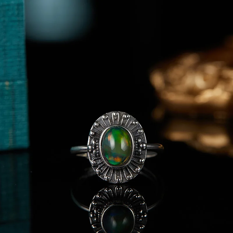 6x8mm Oval Cabochon Natural Black Opal Ring, Handmade 925 Sterling Silver Ring Spessartite Ring, Gift for Her, Anniversary Gift