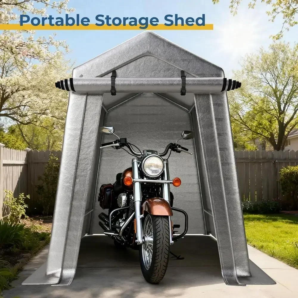 6x8m Portable Outdoor Shed with Waterproof PE Tarp, Roll-Up Door, and Ventilation for Motorcycles, Bikes, and Storage