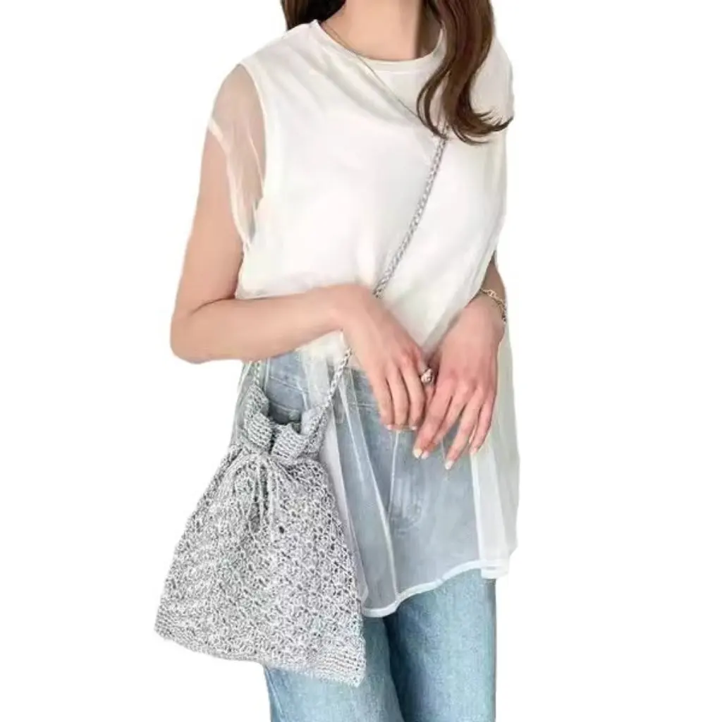 

Women's Mesh Pullover Sweater Top Fake Two-Piece Summer Breathable Casual Loose Fit T-Shirt in Solid Color