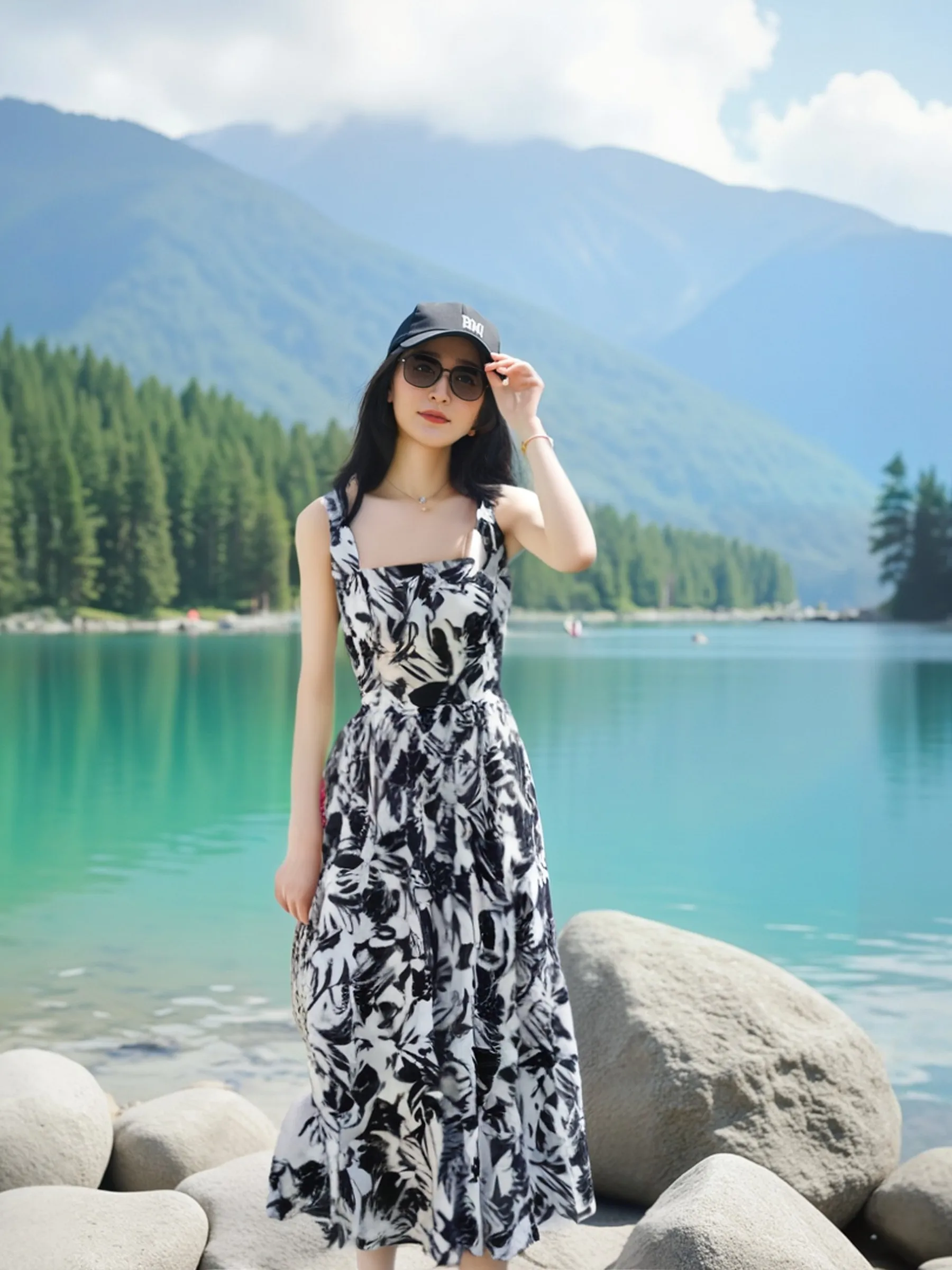 블라 화이트 플로럴 스웨일 A라인 테르 드 커뮤트 하이웨이스트 코튼 폴리에스터 혼방 봄 여름 신상품 F3339