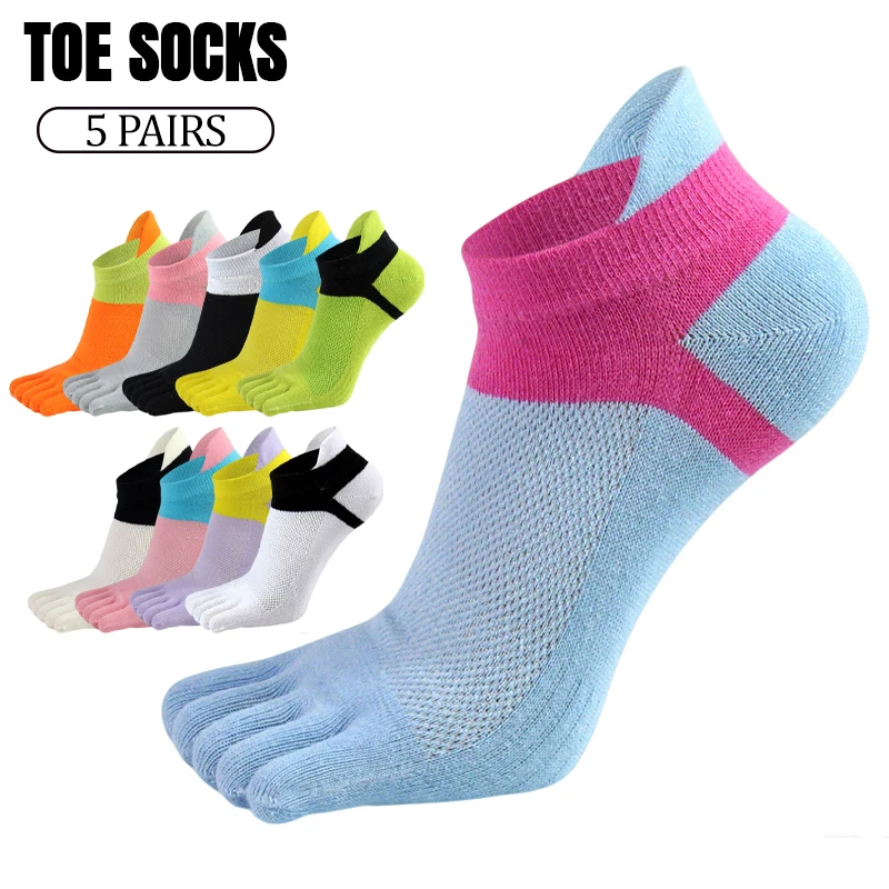 5 Pairs Women Five Toe Socks Summer Thin Mesh Breathable Low Cut Ankle Split Finger Running Color Block Five Toe Yoga Socks