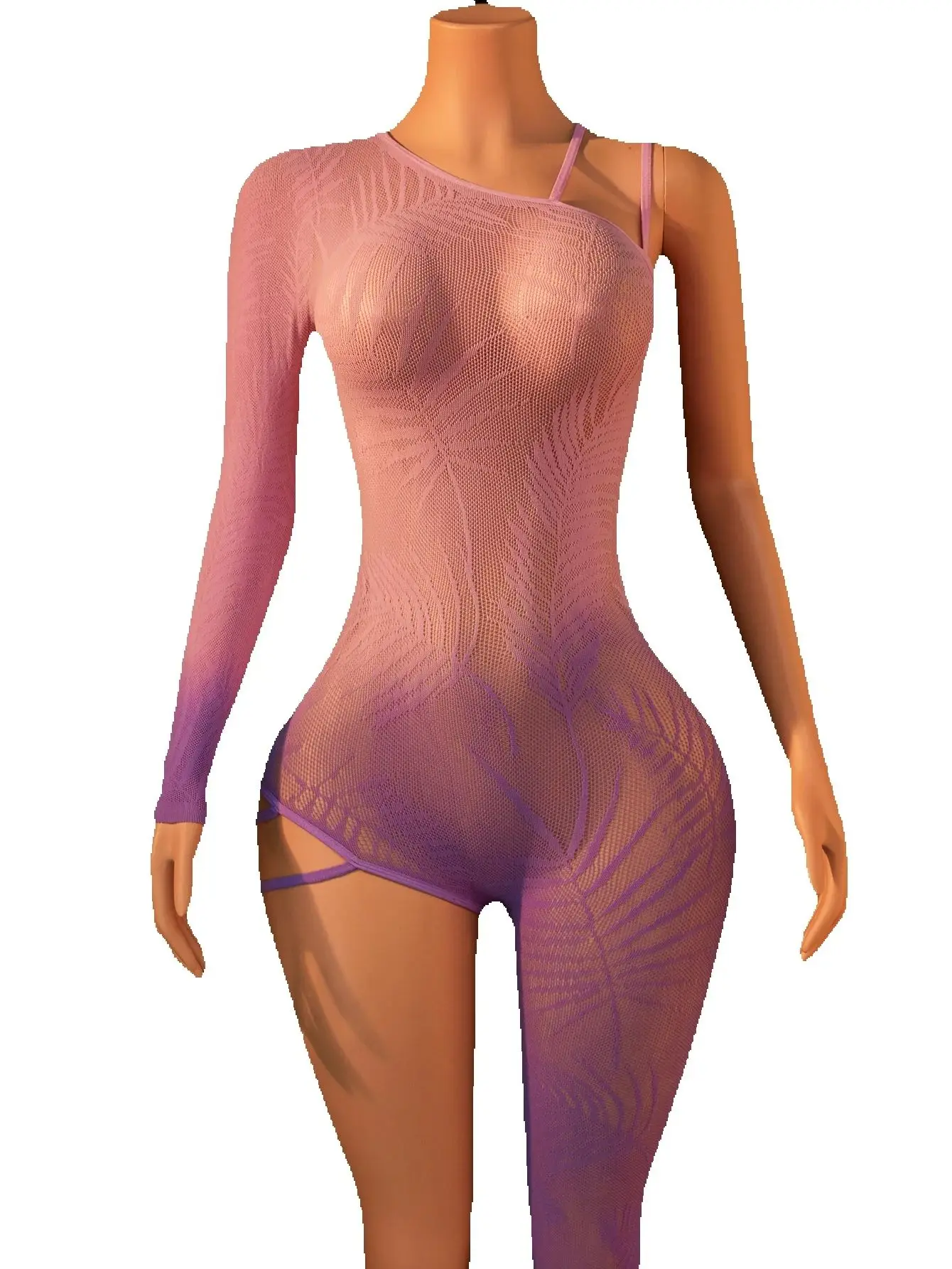 Women's Sheer Mesh Sexy Lingerie Gradient Color One Sleeve Jumpsuit High Stretchy One Piece Underwear Private Date Night Wear