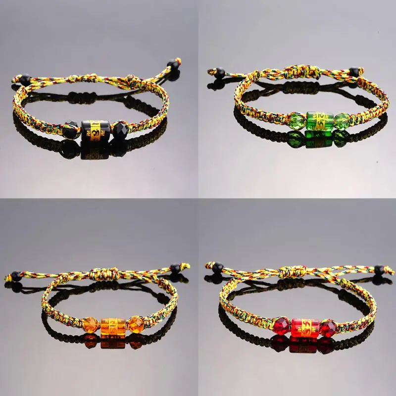 Ethnic String Woven Bracelet Six Syllable True Word Bead Handmade Adjustable Jewelry for Mindfulness Lovers Gift