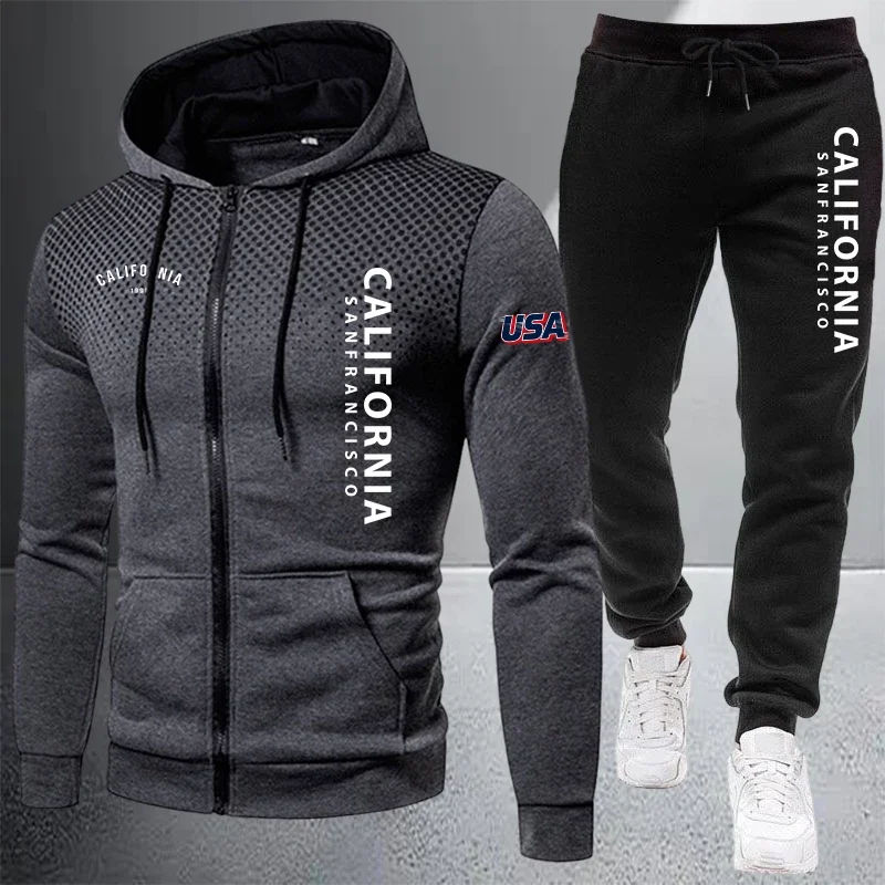 Hot Sales Men's Jacket Tracksuit Printed Zipper Hooded Sweatshirt Dot Coat Autumn Winter Sports Clothes Casual Single Tops Pants view 3