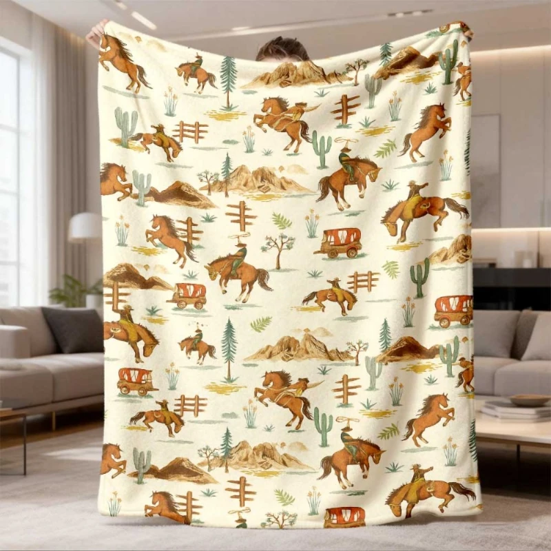 Cartoon Hand Drawn Camping Element Full Print Throw Blanket,Warm Sofa,Travel Cover, Anniversary Outdoor Style Indoor Offering