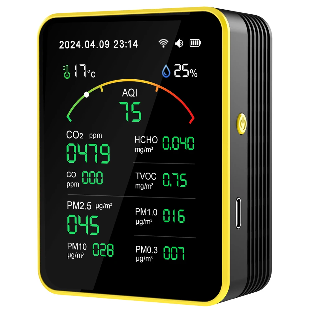 

Монитор качества воздуха TuYa 15 в 1, CO HCHO TVOC PM0.3 PM1.0 PM2.5 PM10 AQI, дата и время, таймер, секундомер