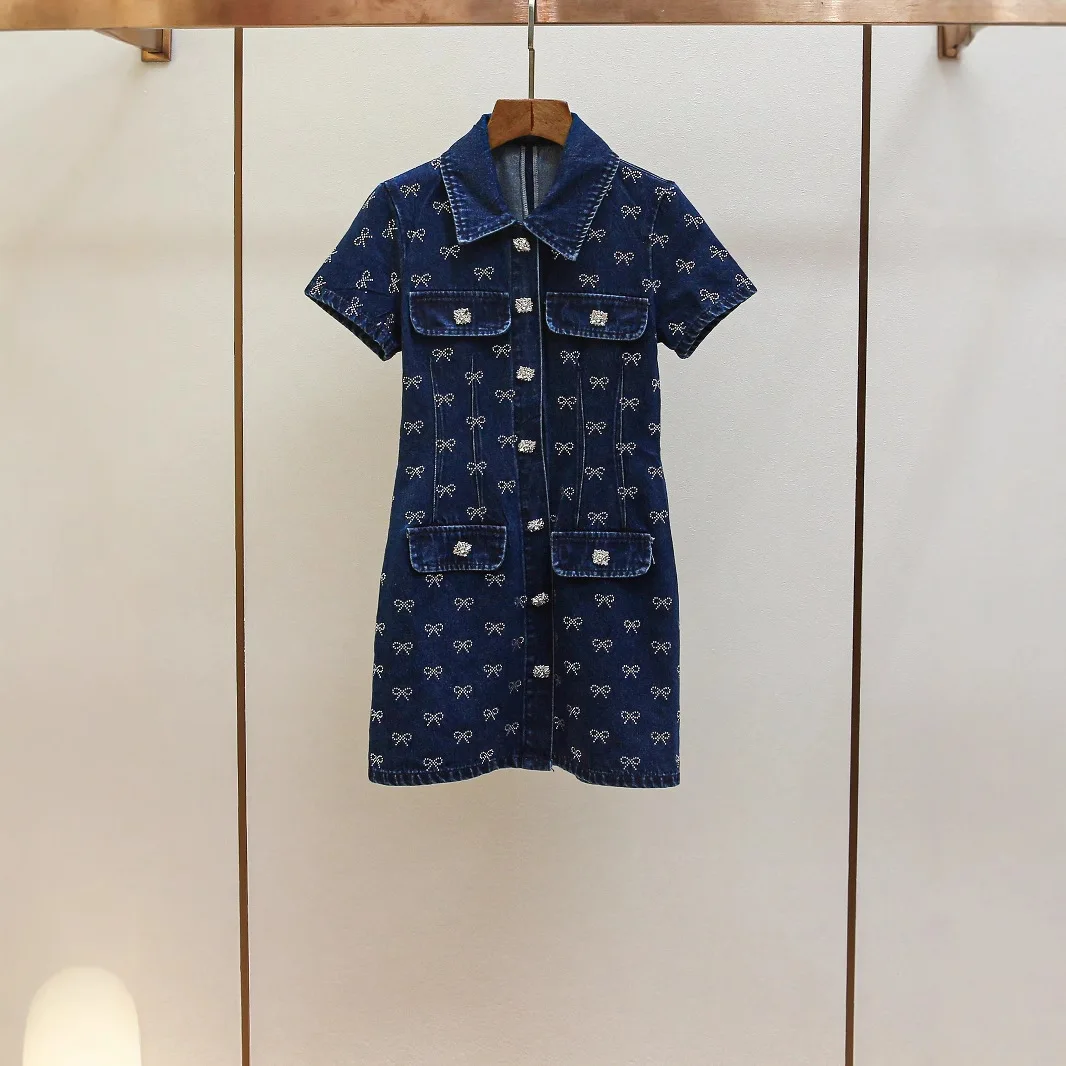

Spring New Casual Style Denim Short Dress Button Front High Waist Cotton Knitted Knot Shirt Collar Skirt