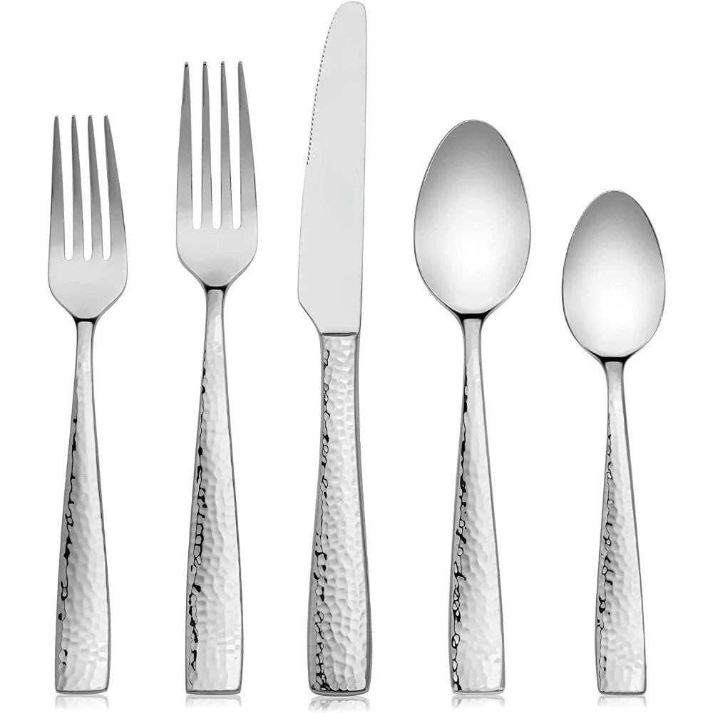 

60-Piece Hammered 18/10 Stainless Steel Silverware Cutlery Set, Flatware Service for 12