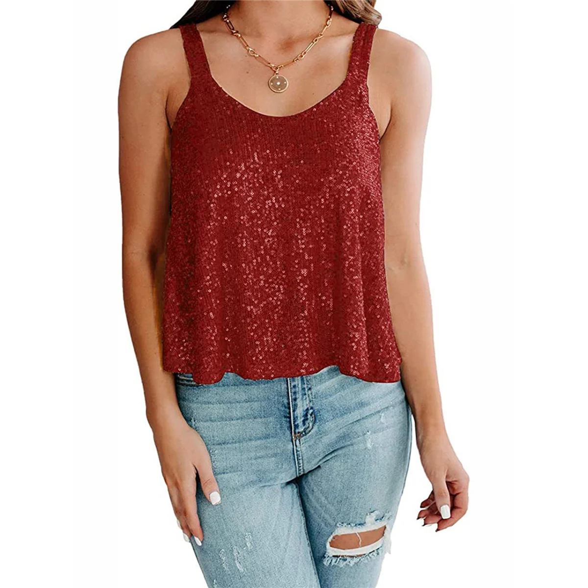 

Women'S Sequin Tank Top Sleeveless Camisole Vest Tank Tops Shining Shirts Claret XXL