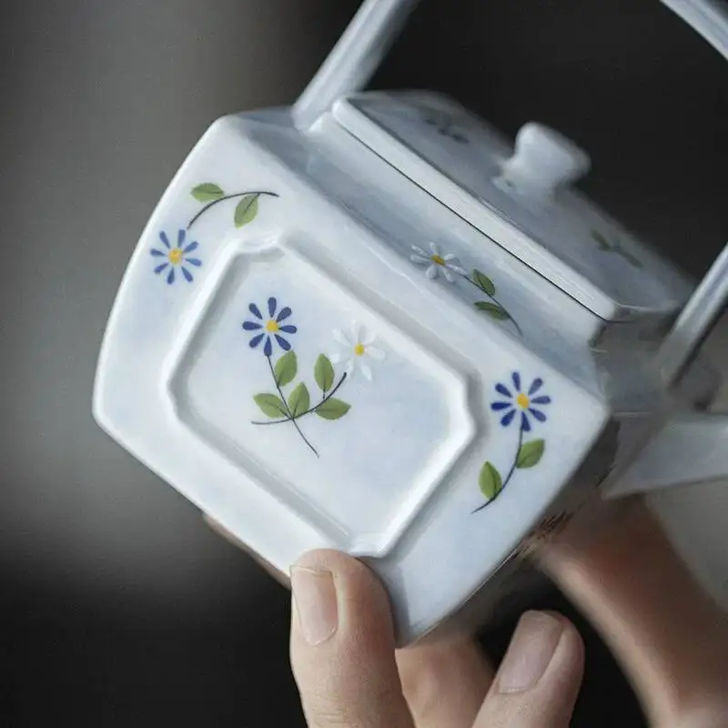 Wuyintang hand Painted Small Daisy Teapot With Handle Ball Hole Filter Brewing Pot Kung Fu Tea Set Ceramic Square Pot