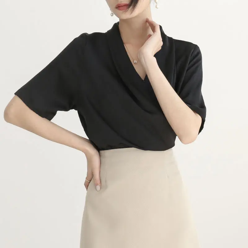 Temperament Solid Color Pleated Blouse Women New Classic Half Sleeve V-neck Office All-match Lady Pullover Chiffon Shirt