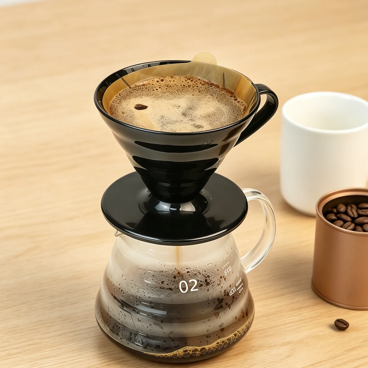 Large Size 02 Black  Pour Over Coffee Dripper, Reusable Cone Filter Cup with Heat-Resistant Handle & Support Saucer