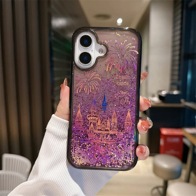 Dream Castle Quicksand Case 16 Cover for iPhone 16 15 14 Pro Max Hard Protective Funda Dynamic Liquid Glitter Sand Phone Shell