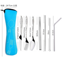 7pcs/ Set Stainless Steel Tableware Set Outdoor Portable Cloth Bag Knife Fork Spoon Chopsticks Straw Rich Flowers Seven Sets