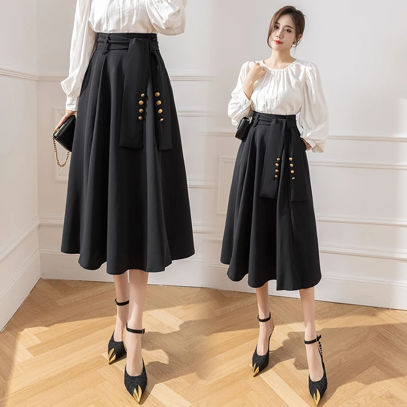 Spring Summer Women's Long Skirts Aesthetic High Waist A-Line Falda Largas Fashion Korean Style Belt Bandage Maxi Umbrella Skirt