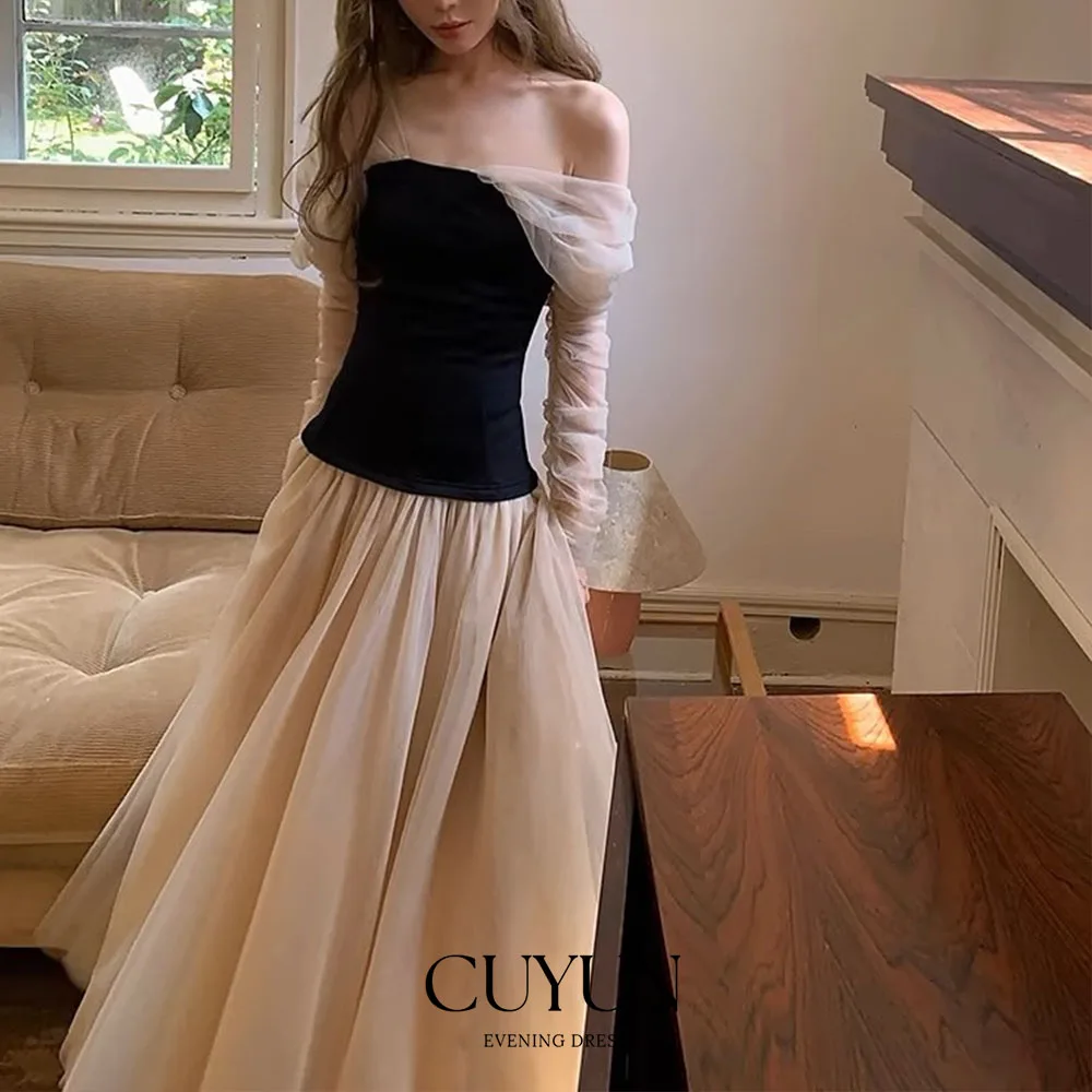 

CUYUN Off the Shoulder Women Evening Gown 3/4 Sleeves Black and Champagne Long Prom Dresses Customized Women Birthday Party Gown