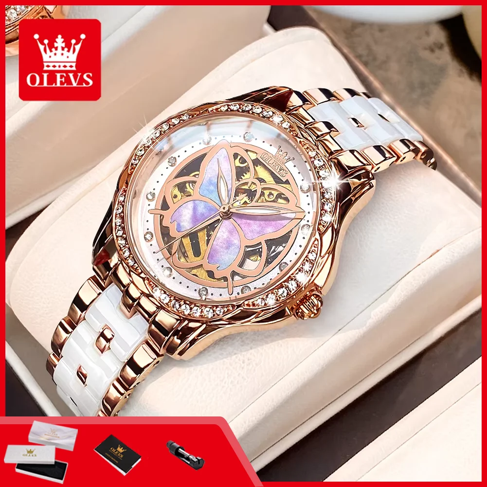 

OLEVS 6615 Автоматические часы для женщин: элегантные, роскошные, с ажурным циферблатом в виде бабочки и бриллиантами, женские механические наручные часы
