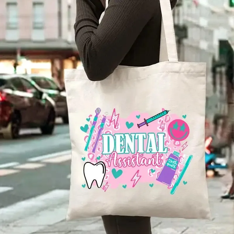 Funny Mouse Dentist Print Canvas Tote Bag, Aesthetic Medical Gift Eco-Friendly Reusable Handbag, Large Capacity Canvas Bag