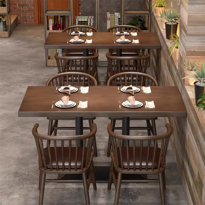 Table and chair combination commercial restaurant dining table cafe milk tea shop table and chair wrought iron solid wood table