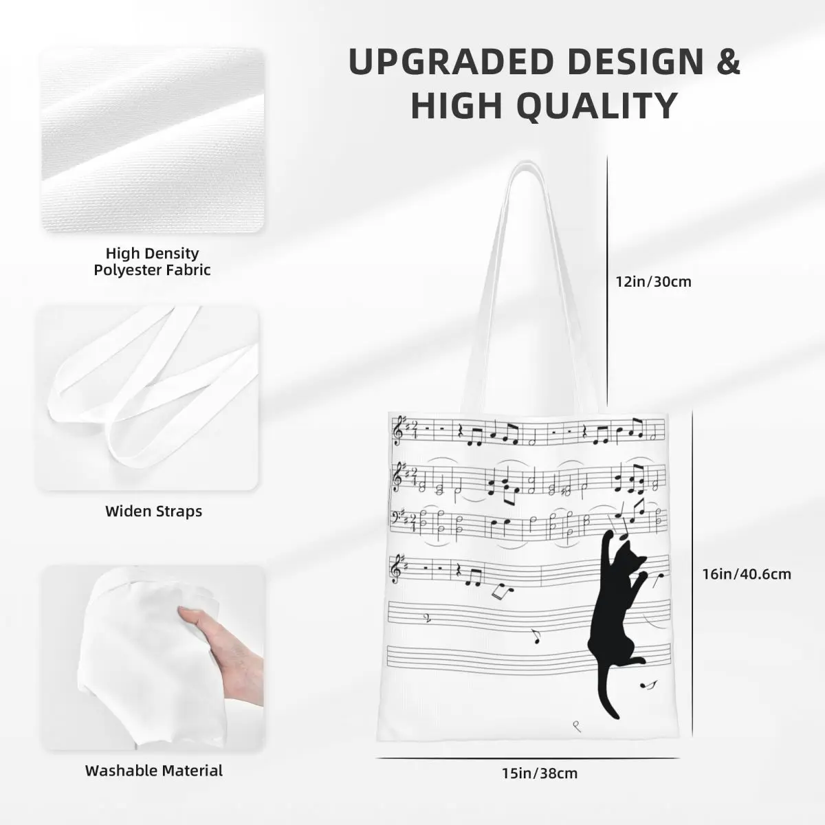 Mischief Musical Symbols Cats Canvas Tote Bag Reusable Large Capacity Fashion Bags for Women Men