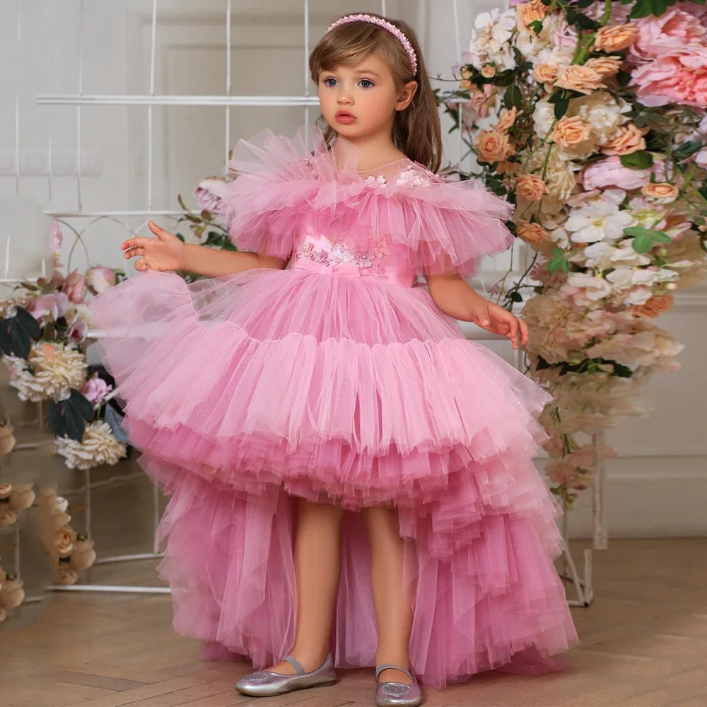 

3D Appliques Flower Girl Dresses Delamination Round Neck Ruffles Fluffy Front Short Back Long Pageant Birthdays Prom Gown