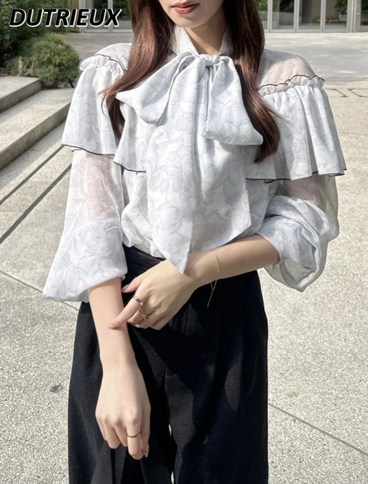 일본 봄, 가을 새로운 달콤한 연꽃 잎 가장자리 인쇄 레이스 업 셔츠 귀여운 소녀 다목적 긴팔 탑 Camisas