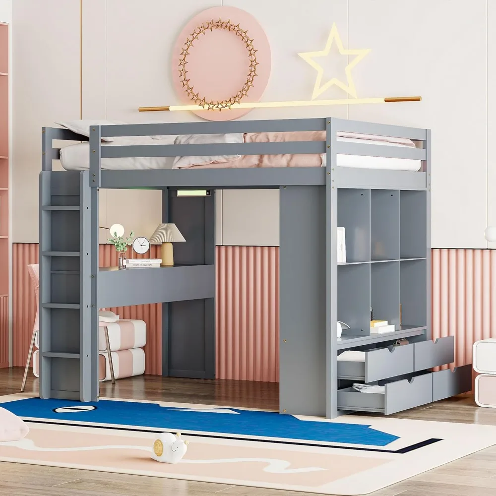 Lit mezzanine pleine grandeur gris avec bureau et étagères de rangement, lit mezzanine en bois pleine grandeur avec lumières LED, cadre de lits hauts pour enfants