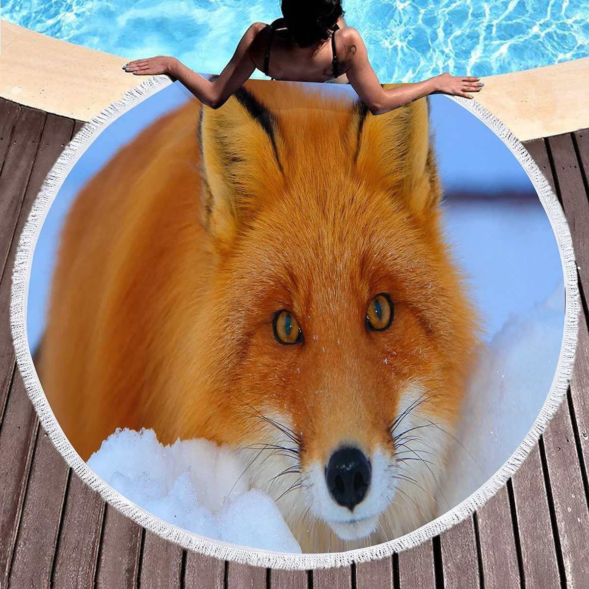 Kawaii الثعلب منشفة الشاطئ المستديرة ، بطانية شاطئ مطبوعة على شكل حيوانات برية ، لينة الغابات الحيوان تحت عنوان ريفي الثعلب طباعة بركة منشفة سجادة للرحلات #1