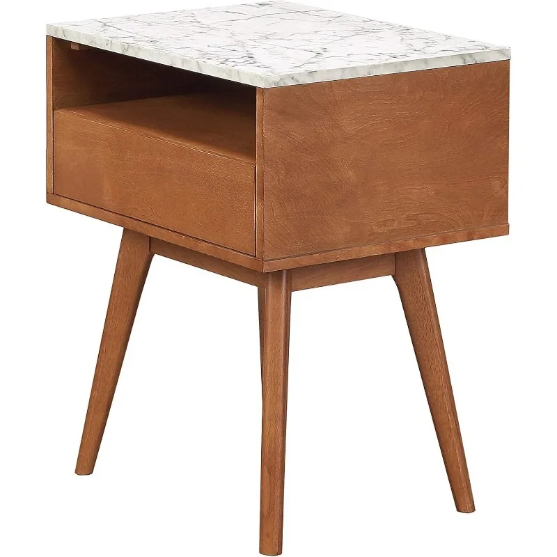 

Mid-Century Rectangle Accent Side or End Table Walnut Finish Wood and Faux Marble Top with Storage Nightstand, White/Brown