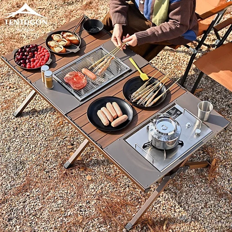 Camping Roll-Up Table Aluminum Folding IGT Compatible Lightweight For Outdoor Cooking Picnic Gear Compact Portable Design