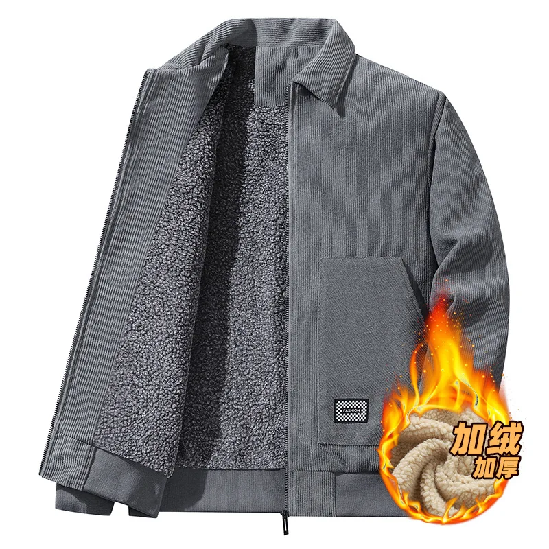 Autumn And Winter New Men's Jacket Corduroy Lapel Solid Color Business Casual Piled Thickened Warm Jacket