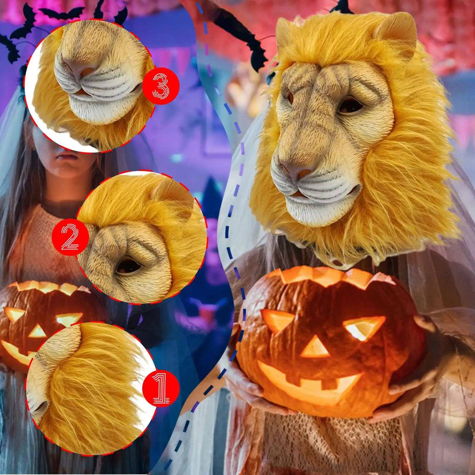 หน้ากากหัวสิงโตทำจากยางลาเท็กซ์ อุปกรณ์ประกอบคอสเพลย์เหมือนจริง หน้ากากสัตว์ อุปกรณ์เสริมสำหรับชุดแฟนซี