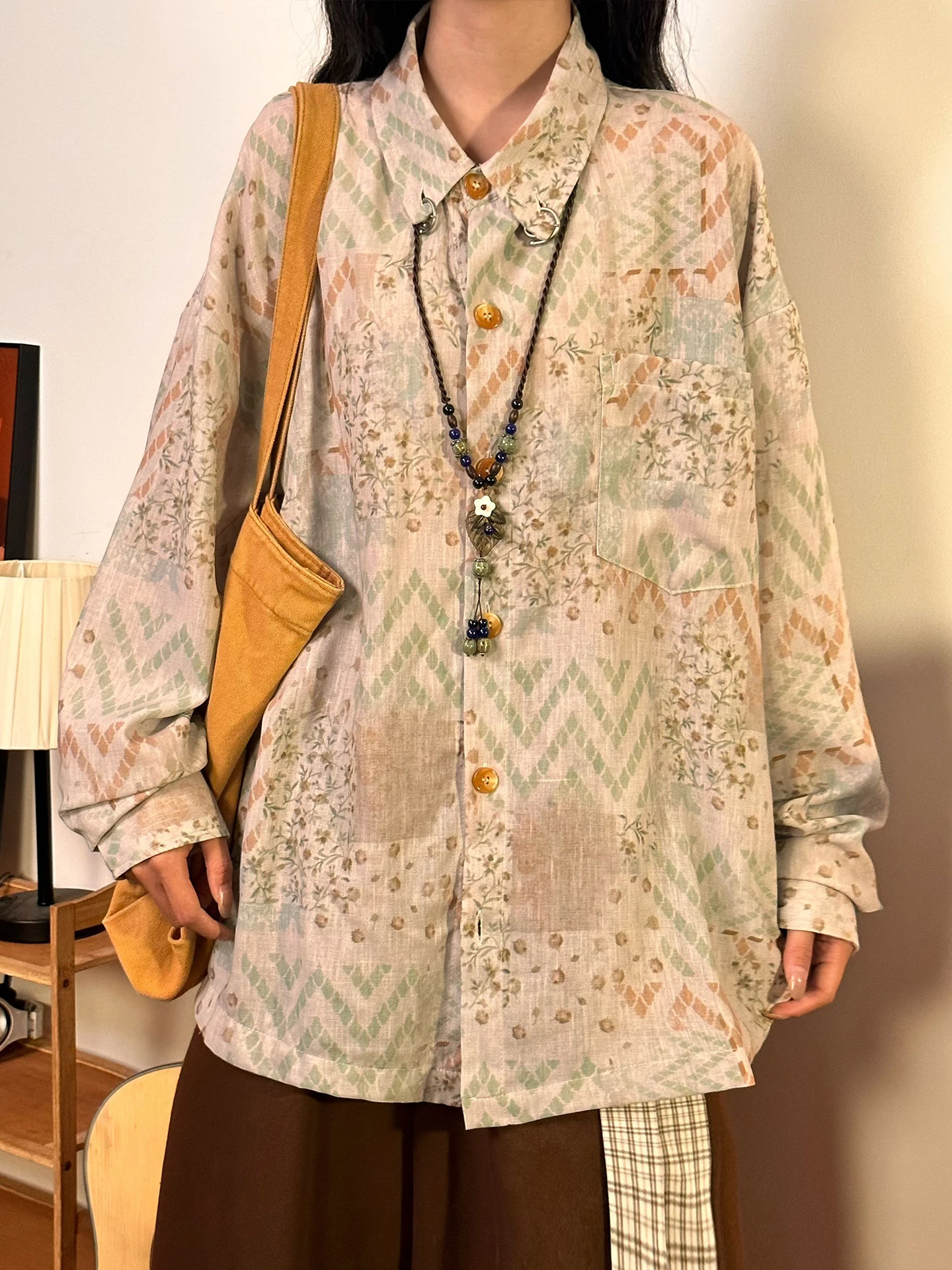 

Loose Floral Print Long Sve Women's irt Vintage Artistic Japanese Sle Street Faion Lightweight Breathable Polyester