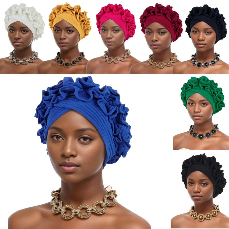 

New 2024 African Women Hat Muslim Nigerian Aso Oke Auto Gele Headtie Front Cross Wrap Chemo Cap Hair Loss Turban Bonnet Headwrap