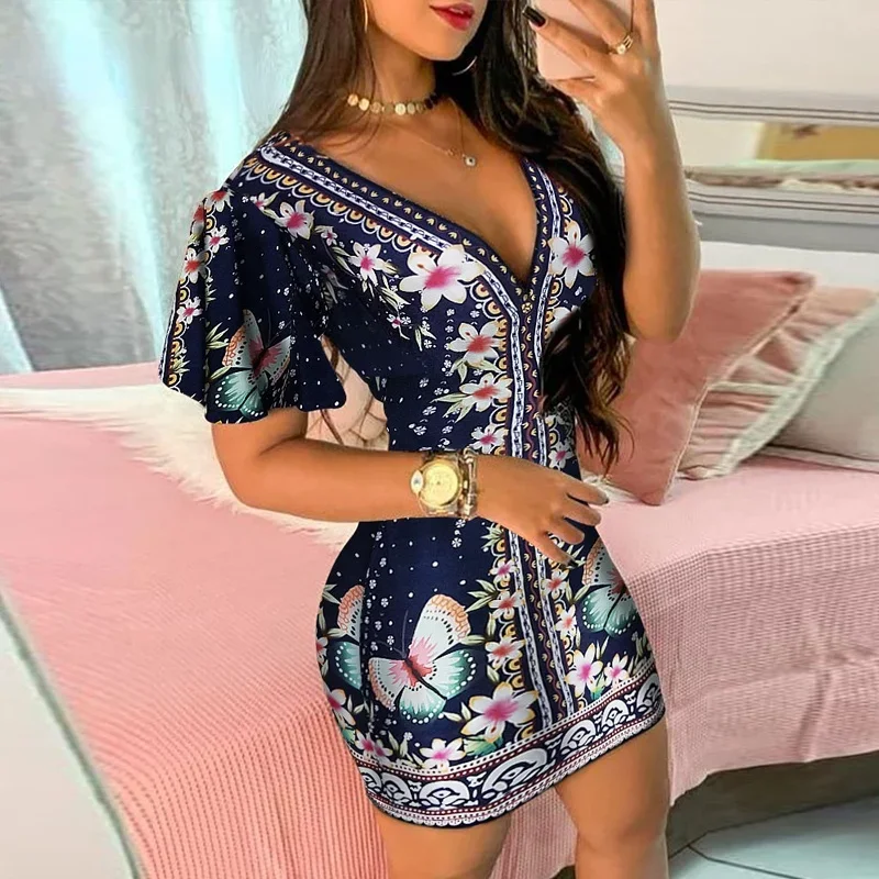 Women Elegant Dress Ruffles Dress Casual Mini Dress Vacation Dress Print Floral Butterfly Dresses Length Sleeve Style Material