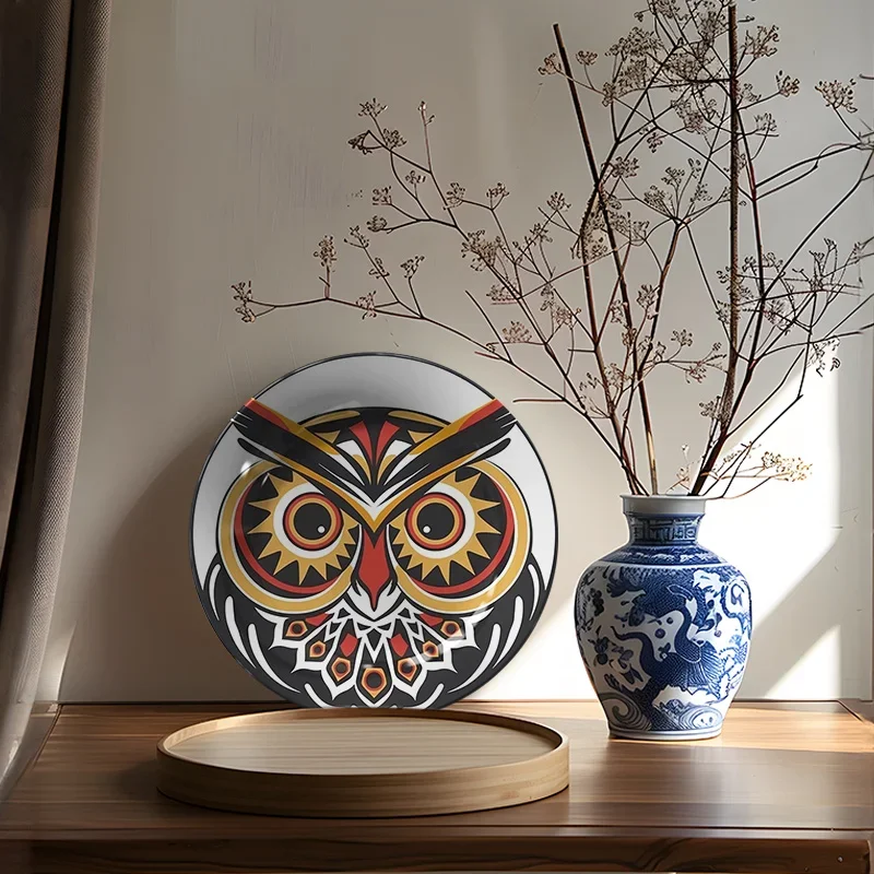 1pc Art Deco Ceramic Owl Wall Art Plate - Vibrant Red & Yellow Accent, Black & White Nordic Style, Round Decorative Dish for