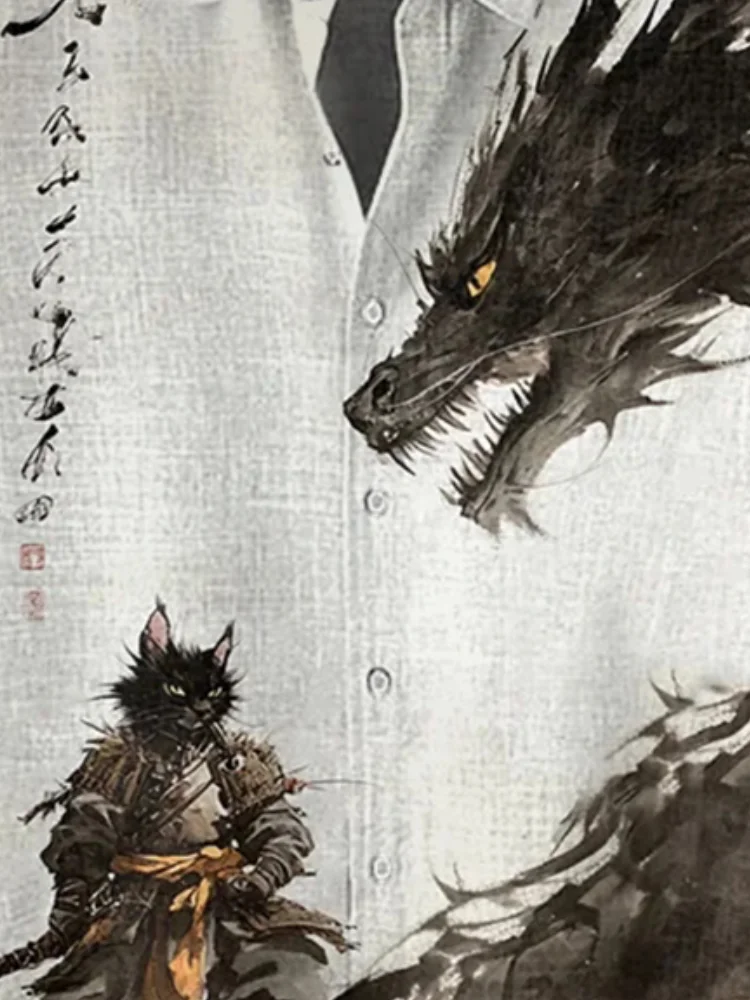 Men's Cat Warrior And Dragon Duel Ink Painting Art Print Short Sleeve Shirt Casual Loose Holiday Lapel White Harajuku Boho Tunic