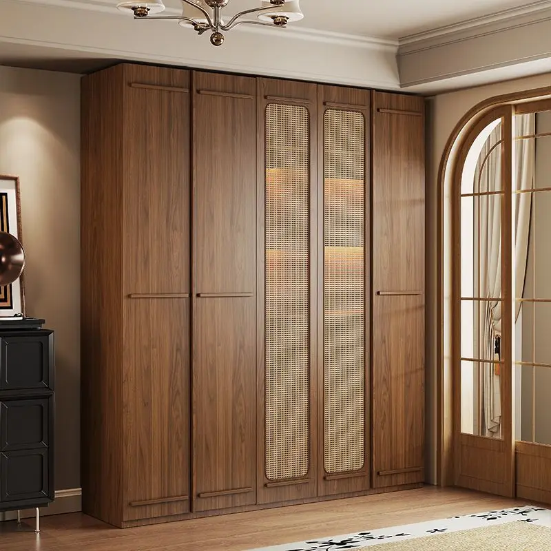 Medieval style solid wood wardrobe skeleton line rattan door large wardrobe home bedroom modern simplicity