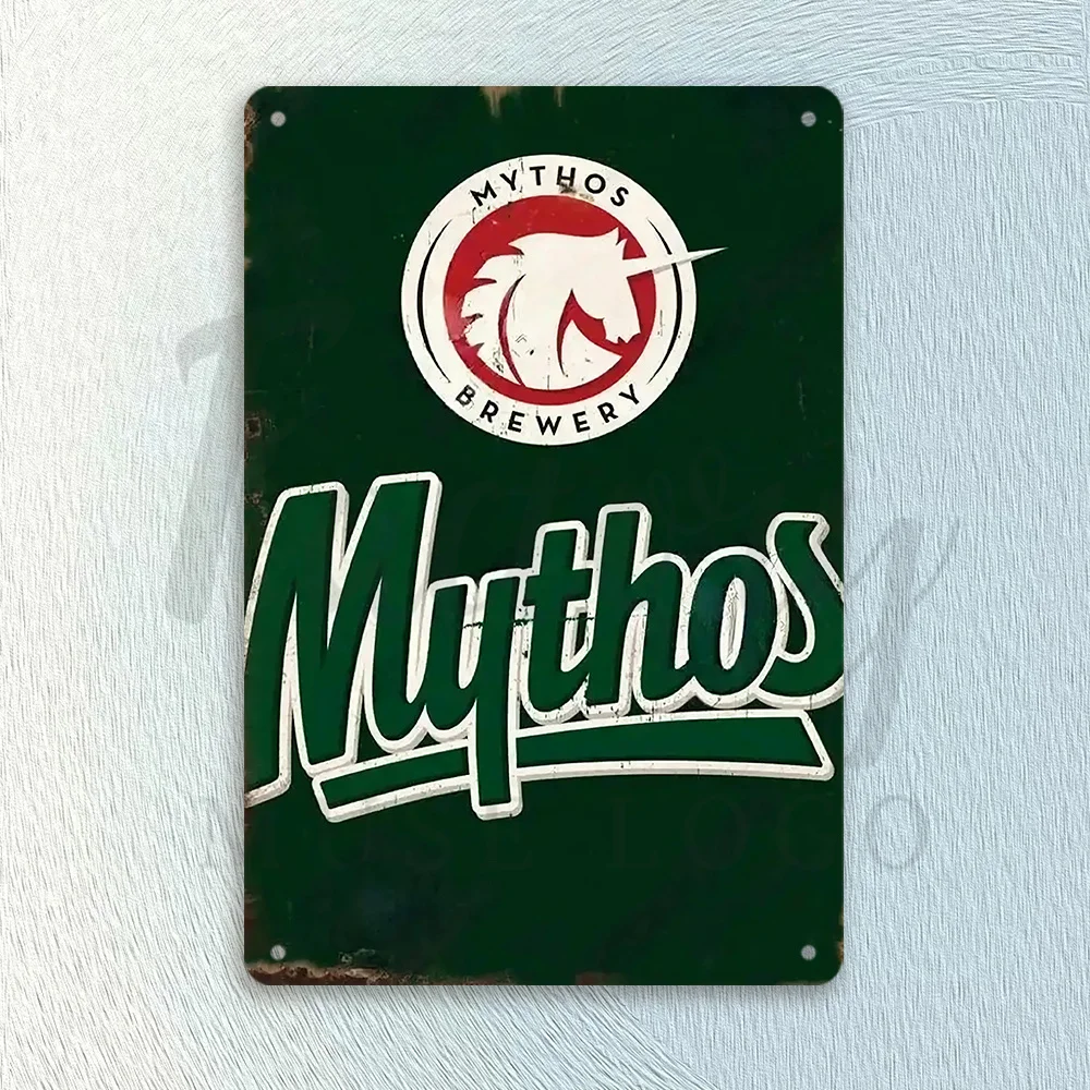 Mythos Brewery Vintage Metal Tin Sign - Rustic Green Wall Art with Pegasus Logo, Durable Decor for Home Office, Cafe, Bar, Gara
