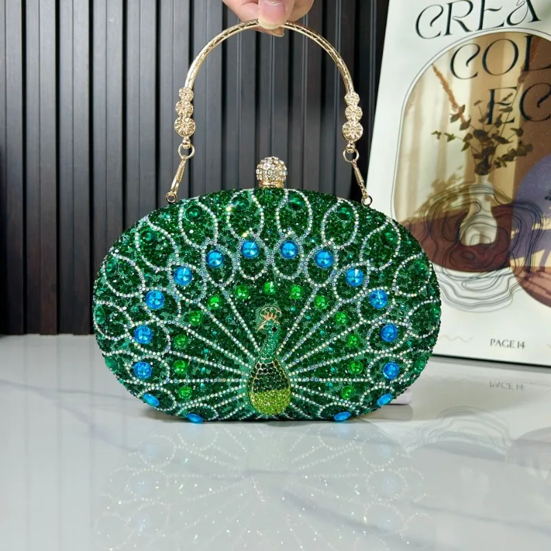 

Peacock Green Crystal Evening Bags Women's Retro Wedding Party Mother of Bride Clutch Bags Colorful Diamonds Round Hand Bags