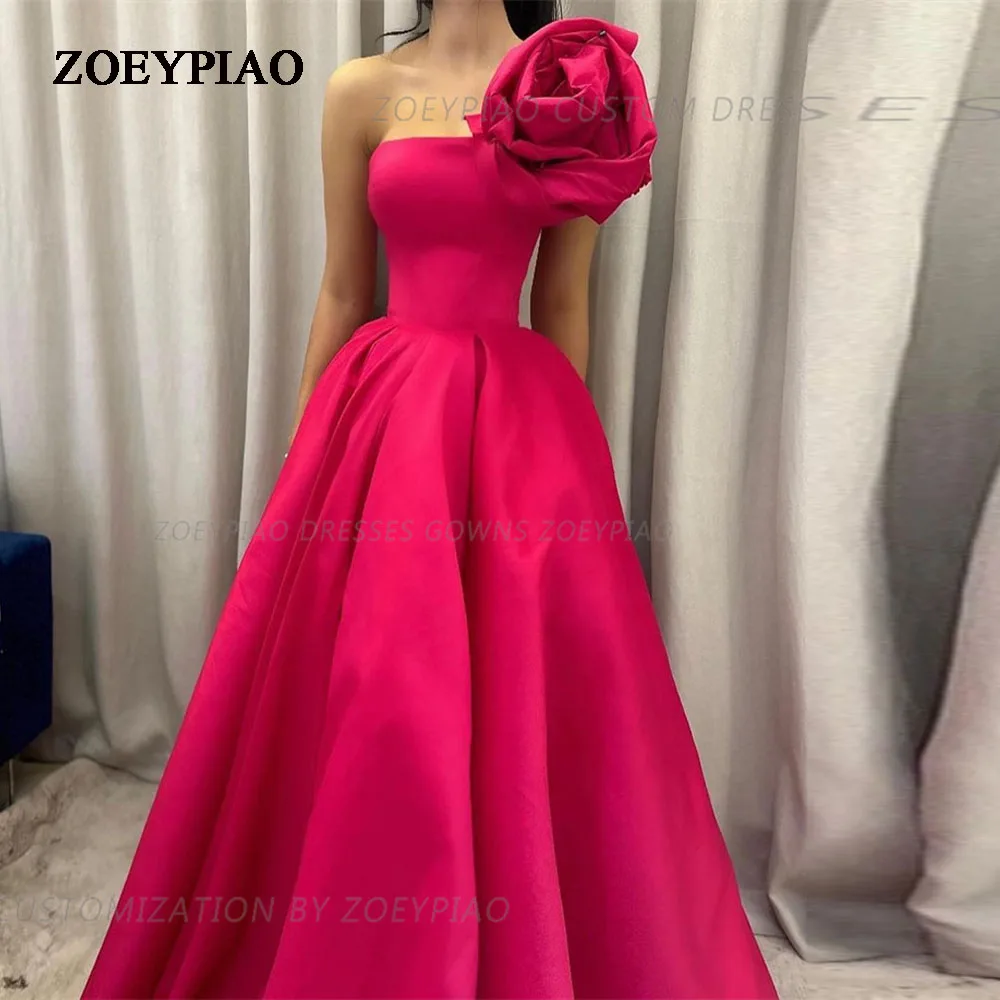 

Fuschia Satin One Shoulder A Line Evening Prom Dresses Flower Sleeveless Formal Event Occasion Party Gowns Custom Made