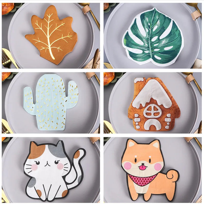 20Pcs/pack Creative Log Cabin Cat Dog Shape Printed Paper Disposable Table Napkin Tissues Funny Party Decoration