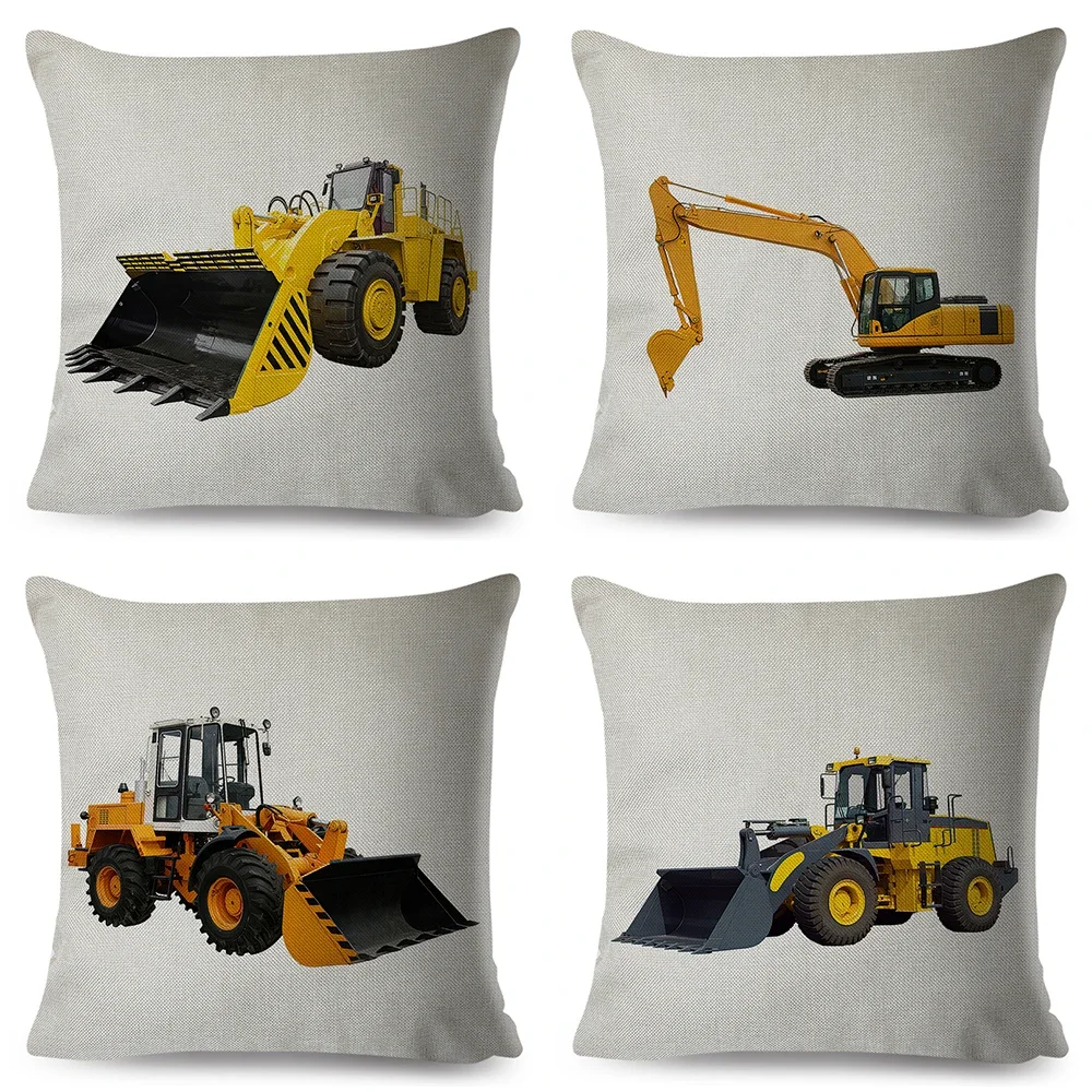 Double Print Decor Car Print Pillowcase Linen Pillow Case Cartoon Excavator Bulldozer Cushion Cover for Sofa Home Children Room