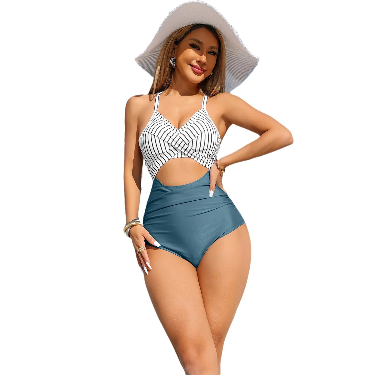 Damski seksowny jednoczęściowy strój kąpielowy z wycięciami, obcisły, strój kąpielowy damski, bikini z wysokim stanem, seksowne bikini