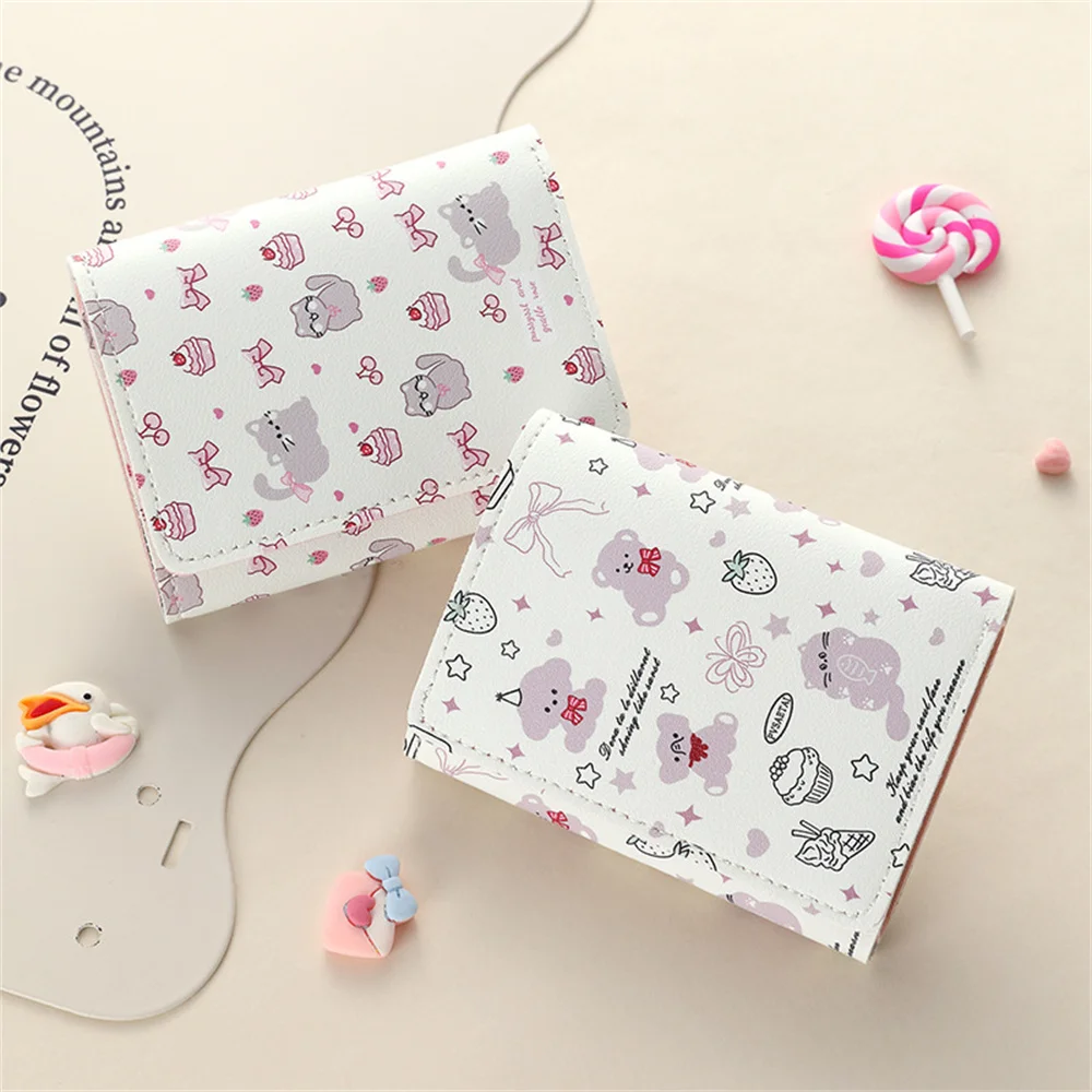 

Cartoon Cat Bear Pattern Girls Wallet Tri-fold Student Coin Purse Large Capacity Credit ID Card Holder Women Rose Flower Wallet