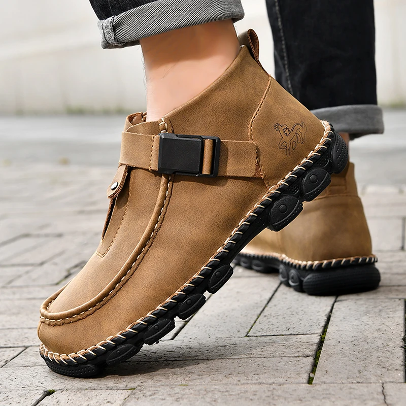 New Men's Casual Shoes Handmade Leather Soft-sole Non-slip Sneakers Outdoor Work Fashion Youth Microfiber Ankle Boots