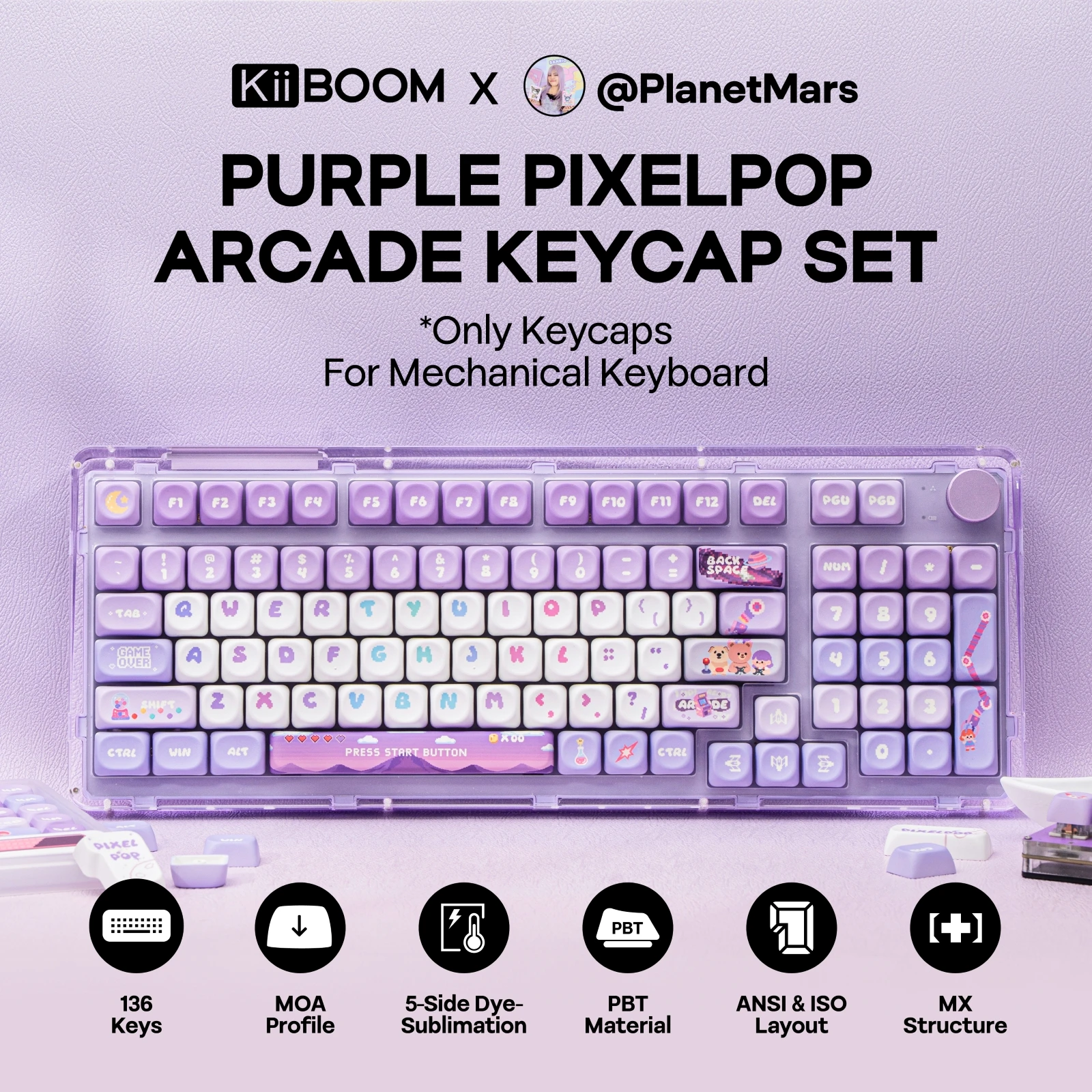 KiiBOOM X PlanetMars: Purple Pixelpop Arcade Keycap Set 136 MOA Profile PBT Keycaps for 60%/65%/75%/TKL/Full-sized Keyboard