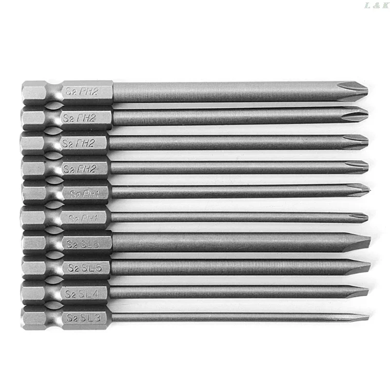 10 Pcs Slotted PH2 Screwdriver Bit Steel 1/4 Shank 100mm F1FC Made Of High-strength Alloy Steel