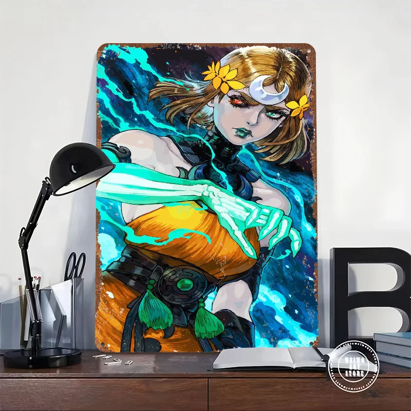 Goddess With Glowing Hand and Fiery Eyes Poster Retro 3D Printed Metal Signs Customized Wall Hanging Gift for Decoration Garage